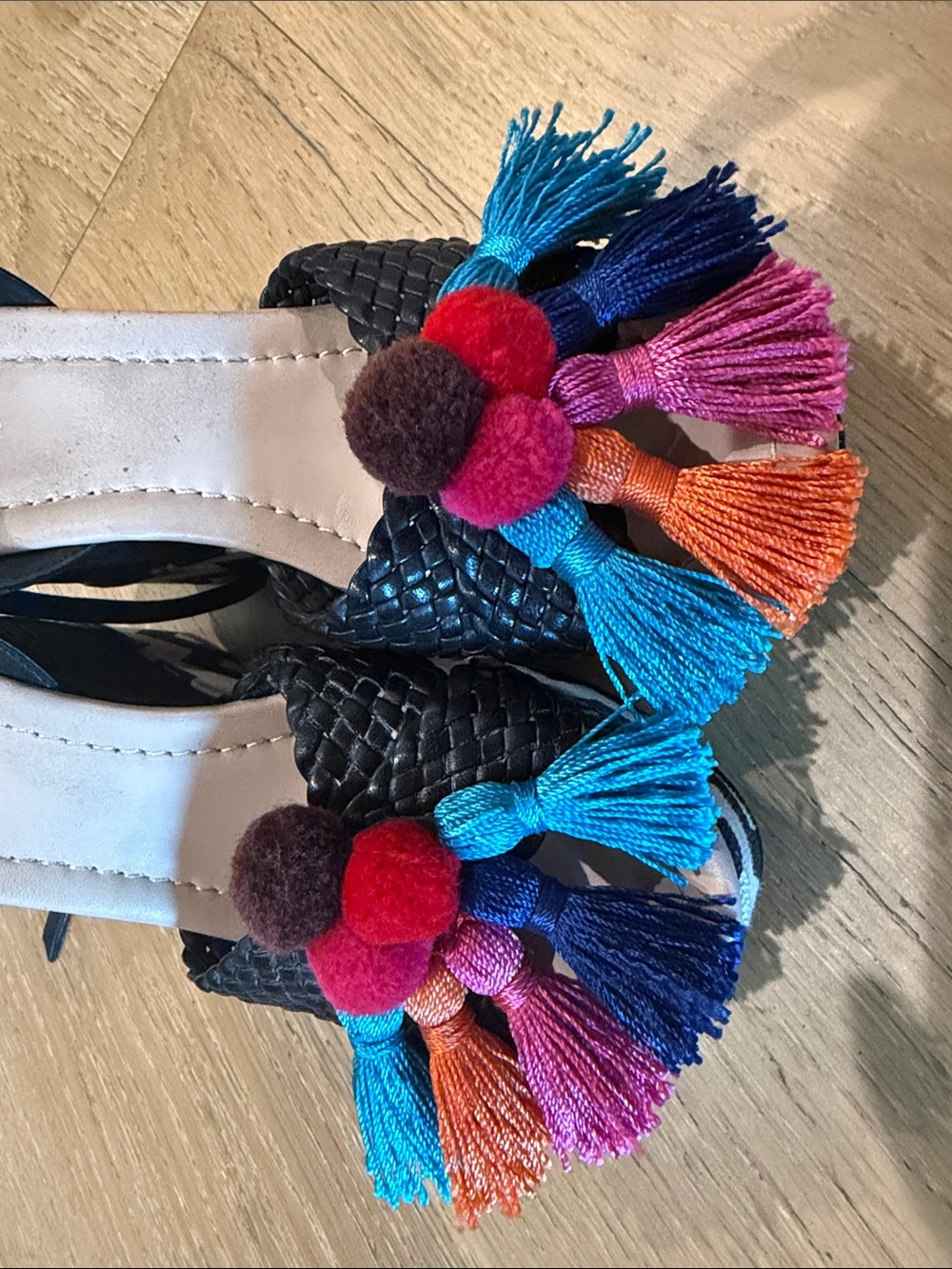 Kate Spade Women’s Black Woven Wedge Sandals with Multicolor Tassels - Picture 5 of 5